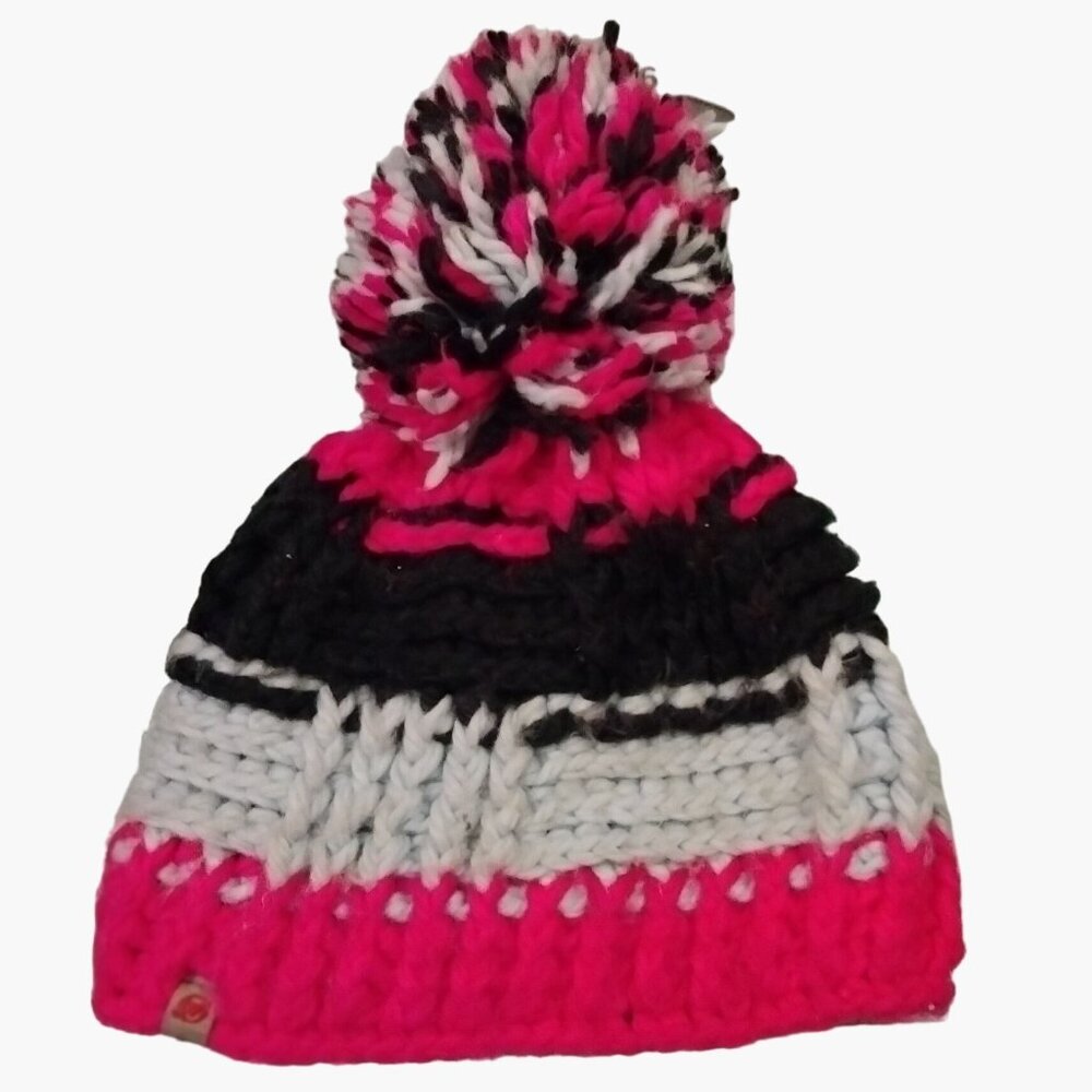 Obermeyer Pom Beanie Hat Hand Knit Pink Black Teens OS